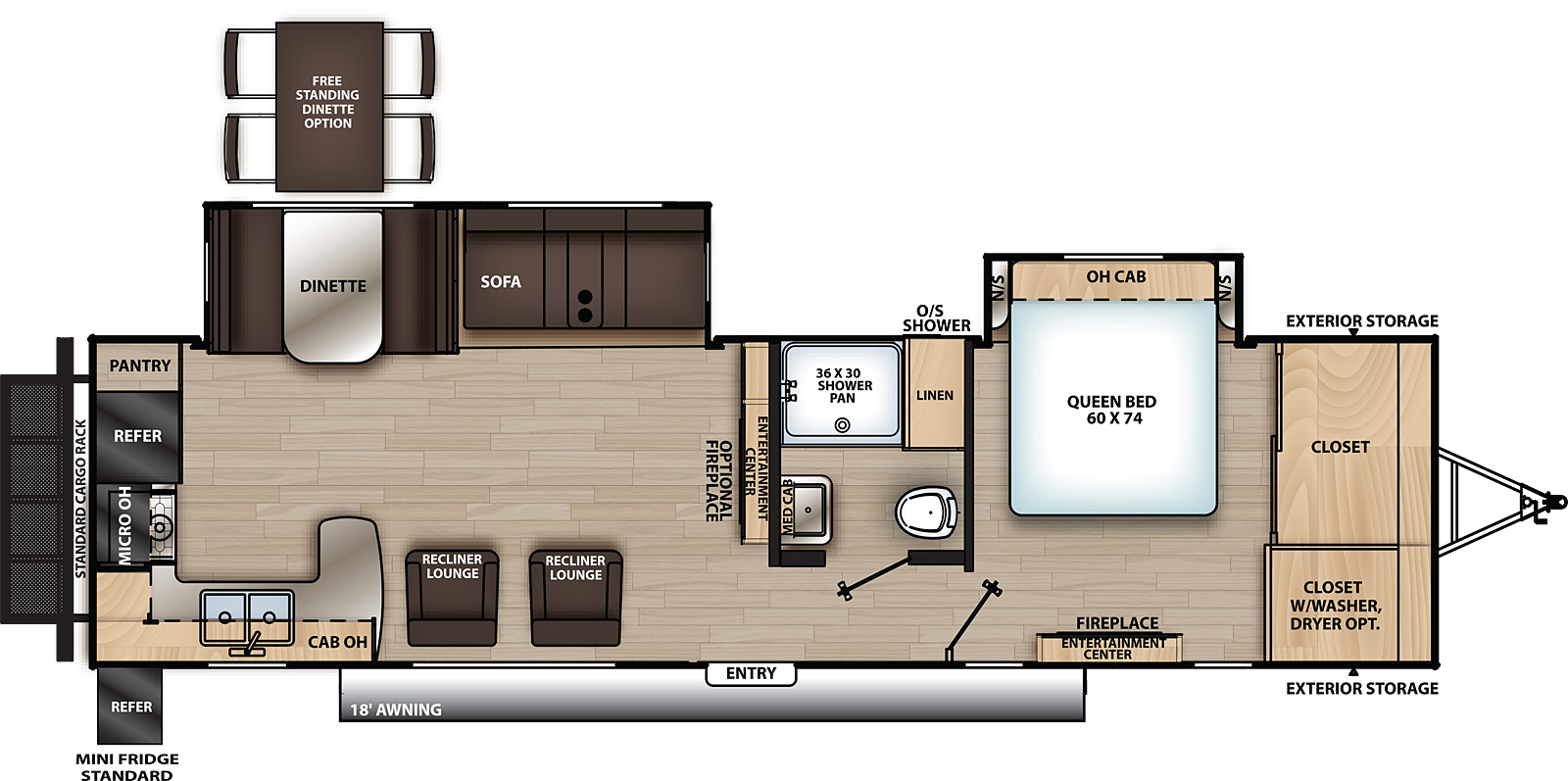 The 303RKDS has two slide outs on the off-door side and one entry door on the door side. Interior layout from front to back: front bedroom with closet, off-door side slide out containing side facing queen bed and overhead cabinet, and door side entertainment center; off-door side bathroom; entertainment center with optional fireplace; kitchen living dining area with off-door side slide out containing sofa and dinette; door side recliners; and door side/rear kitchen containing peninsula, double basin sink, overhead cabinet, cook top stove, microwave cabinet, refrigerator, and pantry.