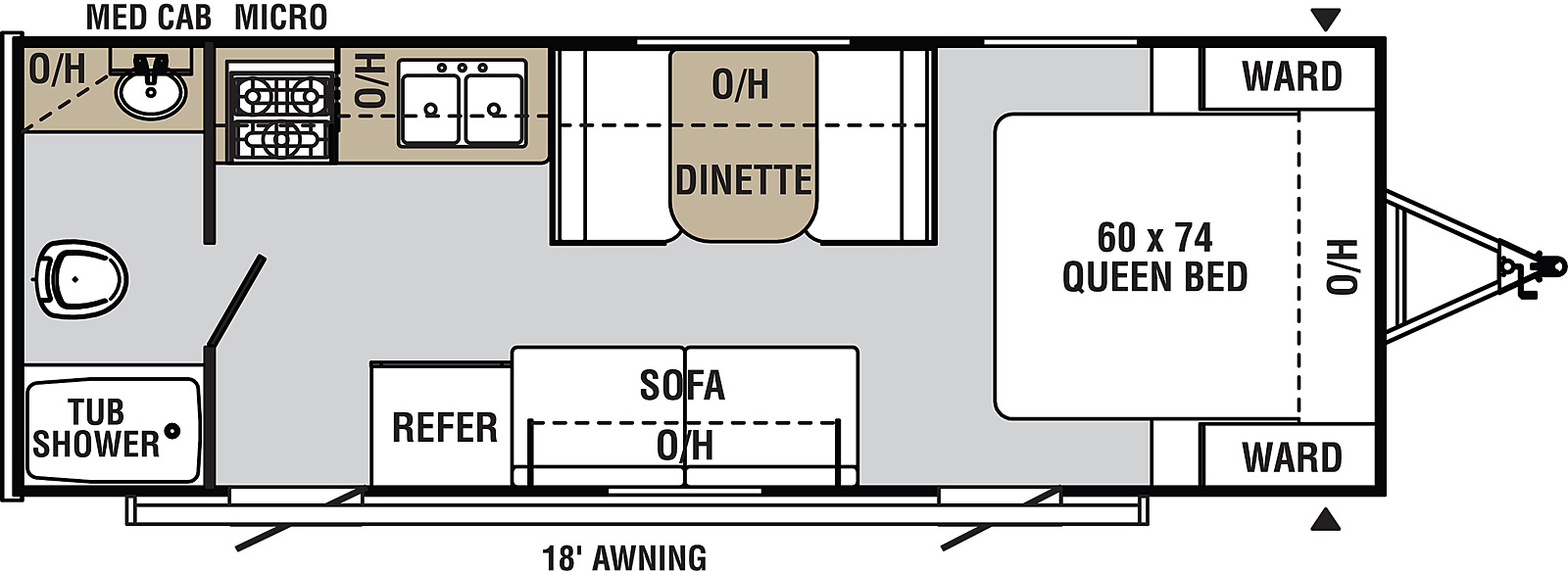 Viking Ultra-Lite 21SFQ floorplan. The 21SFQ has no slide outs and two plus entry doors.