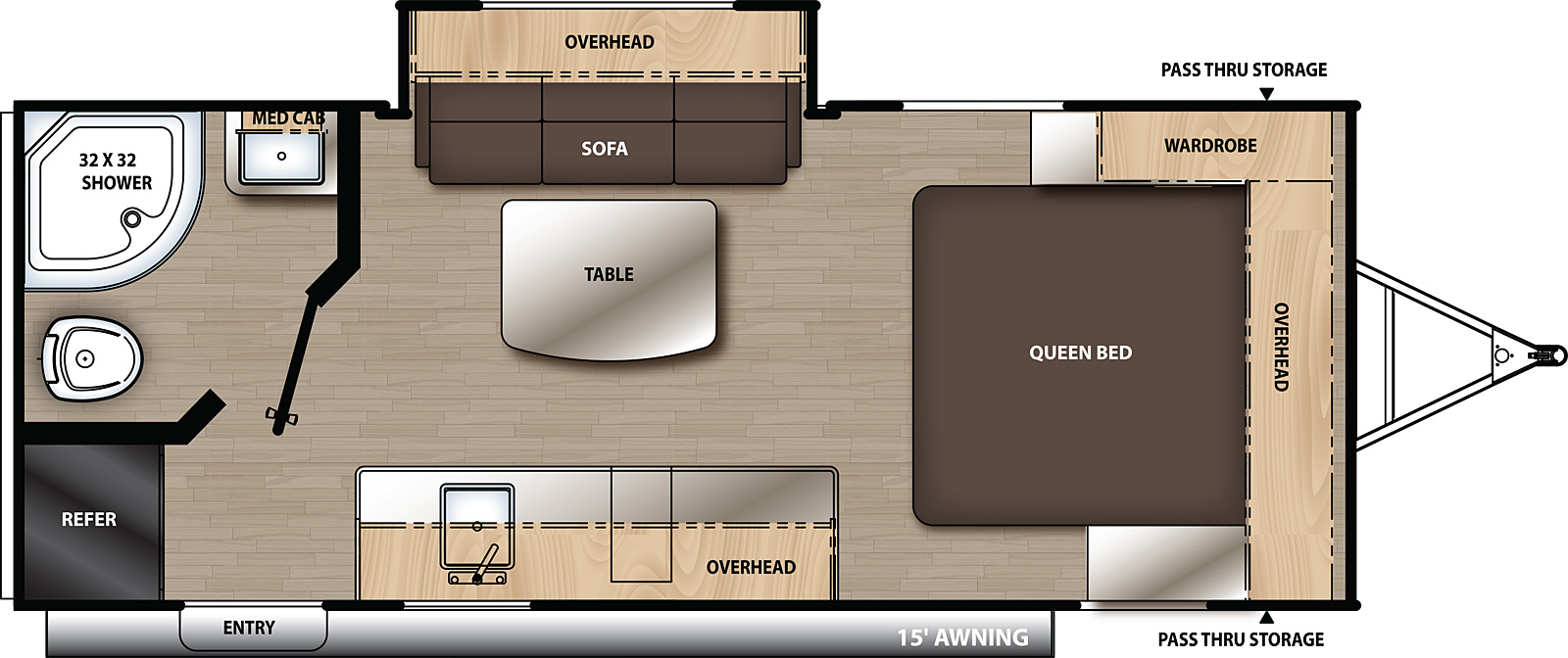 The 184FQS has one slide out on the off-door side and one entry door on the door side. Interior layout from front to back: front facing queen bed with cabinets overhead and wardrobe on off-door side; Kitchen living dining area with slide out on the off-door side containing sofa with cabinets overhead; Freestanding table in the center; door side with overhead cabinets, single bowl sink, and refrigerator located on the door side rear; Rear off-door side corner bathroom. 