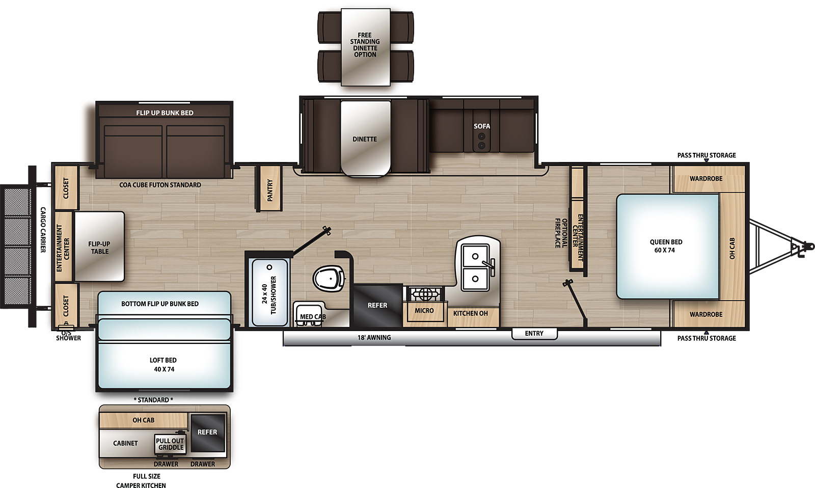 The 323QBTSCK has three slide outs, two on the off-door side and one on the door side, and one entry door towards the front. Interior layout from front to back: front bedroom with foot facing queen bed, overhead cabinet, and wardrobes on either side of the bed; entry door opens to living area with entertainment center and optional fireplace; off-door side pantry and slide out containing sofa and dinette; door side kitchen containing peninsula double basin sink, overhead cabinet, cook top stove, microwave cabinet, and refrigerator; door side bathroom; and rear bunk room with off-door side slide out containing COA Cube futon with upper flip up bunk bed, door side bottom flip up bunk bed with upper loft bed, and rear closets with entertainment center and flip up table. 