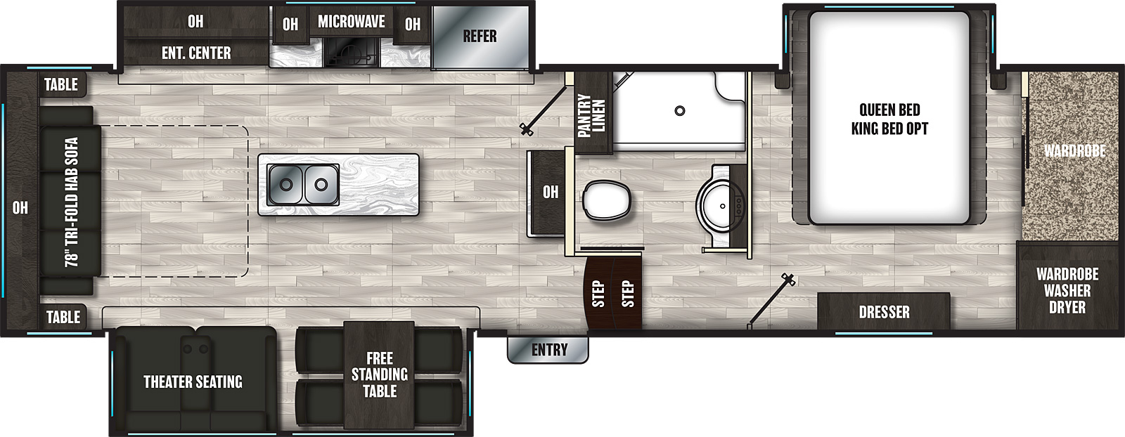 The 290RL has three slide outs and one entry. Interior layout front to back: front bedroom with off-door side queen bed slideout, front wardrobe with washer and dryer, and door side dresser; off-door side full bathroom; overhead cabinet and pantry/linen closet along inner wall; door side slide out containing free standing table, and theater seating; off-door side slide out containing refrigerator, kitchen counter, microwave, overhead cabinets, and entertainment center with overhead cabinet; kitchen island with sink; and rear tri-fold hide-a-bed sofa with side tables and overhead cabinet.