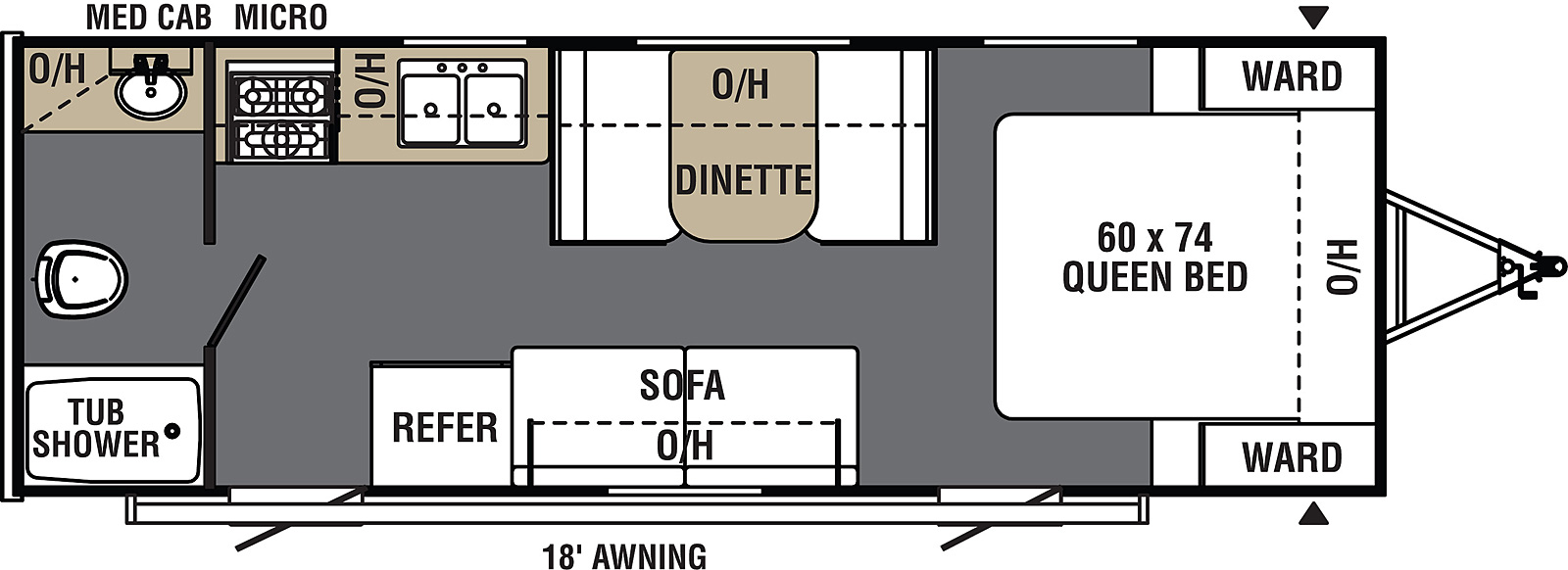 Viking Ultra-Lite 21FQ floorplan. The 21FQ has no slide outs and two plus entry doors.