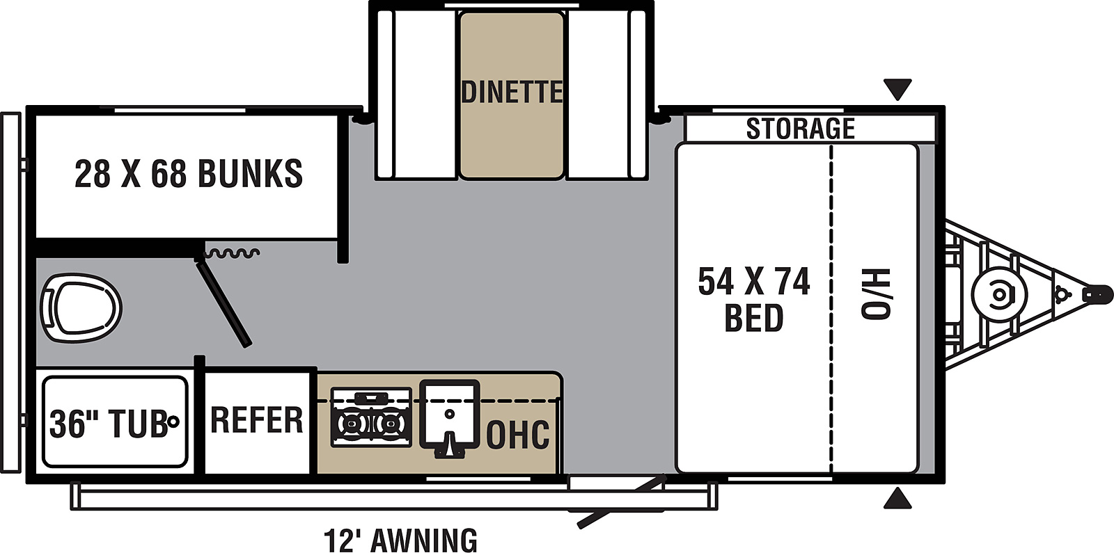 Viking Ultra-Lite 17BHS floorplan. The 17BHS has one slide out and one entry door.