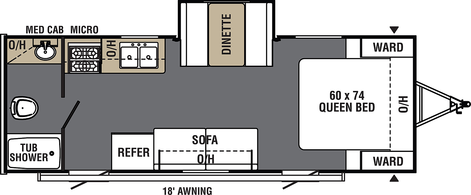 Viking Ultra-Lite 21FQS floorplan. The 21FQS has one slide out and two plus entry doors.