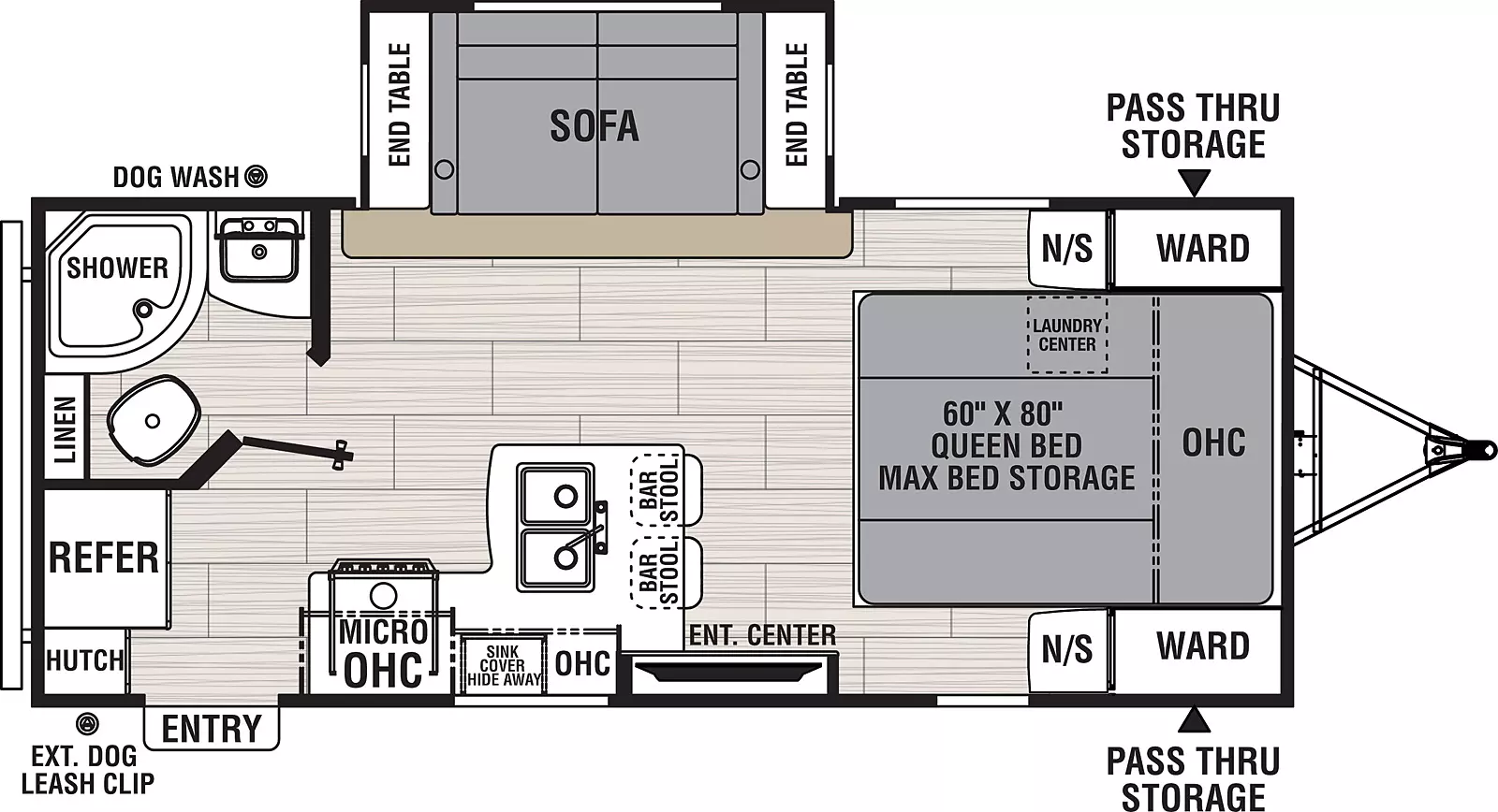 The 194RB has one slide out on the off-door side and one entry door on the door side. Interior layout from front to back: front bedroom with foot facing queen bed containing max bed storage, overhead cabinet, and wardrobes on either side of the bed; kitchen living dining area with off door side slide out containing sofa and end tables on either side; door side entertainment center; door side kitchen containing double basin sink, bar stools, overhead cabinet, microwave cabinet, and cook top stove; off door side bathroom; and door side refrigerator and hutch.