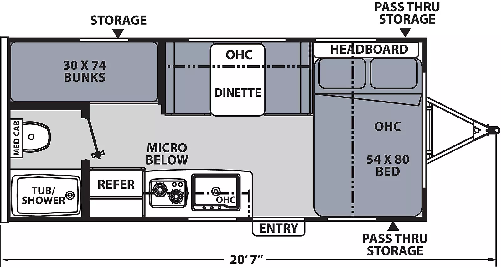 The 185BH has no slide outs and one entry door on the door side. Interior layout from front to back: front bedroom with side-facing bed and overhead cabinet; kitchen living dining area; dinette on the off- door side with overhead cabinet; door side kitchen with sink, cook top stove, overhead cabinet, microwave below, and refrigerator; door side rear bathroom; two bunk beds on of the off-door side. 