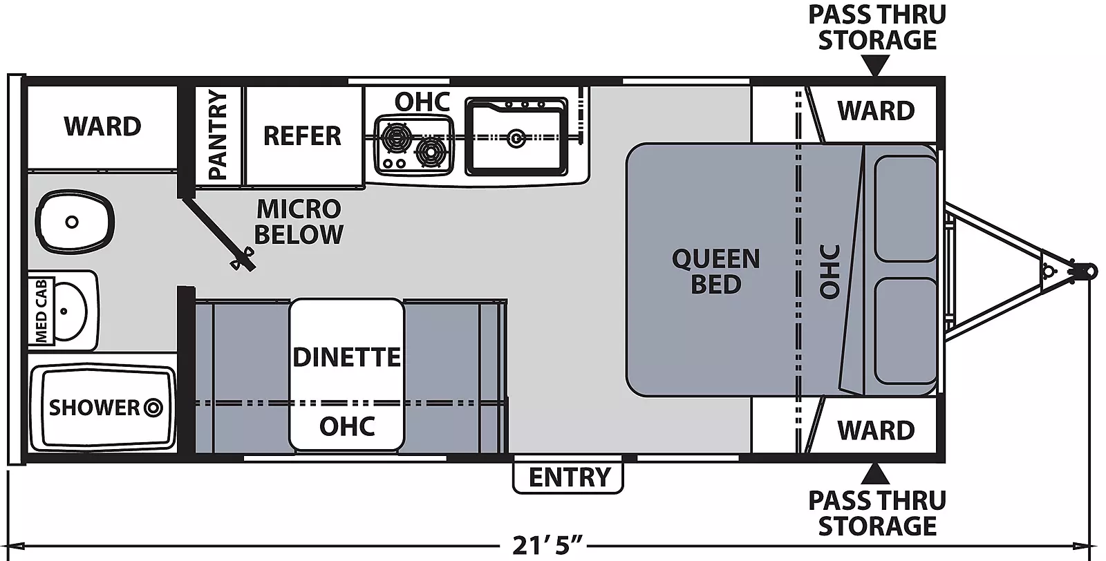 The 187RB has no slide outs and one entry door on the door side. Interior layout from front to back: front bedroom containing foot facing queen bed, overhead cabinet, and wardrobes on either side of the bed. Kitchen living dining area; dinette with overhead cabinet located on the door side; off-door side kitchen containing sink, cook top stove, overhead cabinet, refrigerator, microwave below, and pantry. Rear bathroom containing; shower, medicine cabinet, toilet and wardrobe storage. 