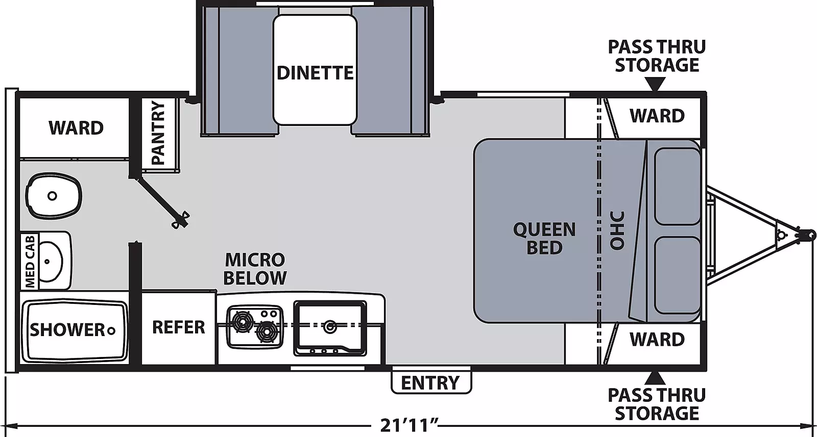 The 191RBS has one slide out on the off-door side and one entry door on the door side. Interior layout from front to back: front bedroom containing foot facing queen bed, overhead cabinet, and wardrobes on either side of bed. Kitchen living dining area with off- door side slide out containing dinette. Kitchen on the door side containing sink, cook top stove, overhead cabinet, microwave below, and refrigerator; pantry on off door side. Rear bathroom containing shower, medicine cabinet, toilet and wardrobe storage. 