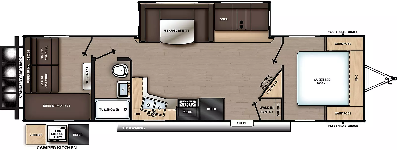 The 303QBCK has one slide out on the off-door side and one entry door on the door side. Interior layout from front to back: front bedroom with foot facing queen bed, overhead cabinet, and wardrobes on either side of the bed; entertainment center; kitchen living dining area with off-door side slide out containing sofa and u-shaped dinette; door side walk in pantry; door side kitchen containing refrigerator, cook top stove, microwave cabinet, double basin sink, and overhead cabinet; door side bathroom; and rear bedroom with door side bunks, entertainment center, and cubes with upper bunk.