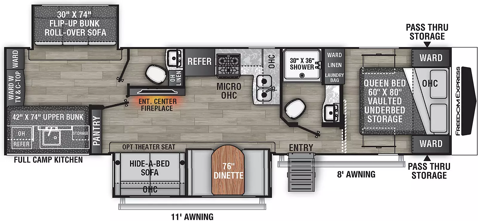 The 326BHDSLE has two slide outs, one on the door side and one on the off-door side and one entry door on the door side. Interior layout from front to back: front bedroom containing foot facing queen bed, vaulted under-bed storage, overhead cabinet, and wardrobes on either side of the bed; off door side bathroom; kitchen living dining area with door side slide out containing dinette and hide-a-bed sofa with overhead cabinet; off-door side kitchen containing double basin sink, overhead cabinet, cook top stove, and refrigerator; entertainment center with fireplace; and pantry. Rear bunk room with off-door side half bath, slide out containing sofa with table and upper bunk, wardrobe, and door side upper bunk with storage below. Exterior camp kitchen including; mini refrigerator, sink and cook top. 