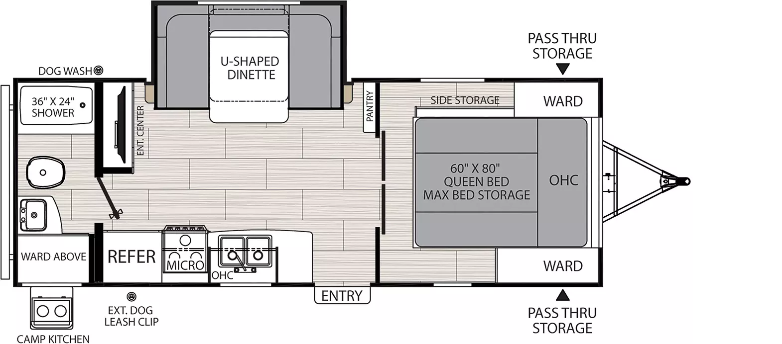 The 2145RBX has one slide out on the off-door side and one entry door on the door side. Interior layout from front to back: front bedroom with foot facing queen bed containing max bed storage and side storage, wardrobes on either side of bed, and overhead cabinet; kitchen living dining area with off-door side slide out containing u-shaped dinette; off- door side pantry and entertainment center; door side kitchen containing double basin sink, overhead cabinet, microwave overhead, cook top stove, and refrigerator, rear bathroom with wardrobe storage.