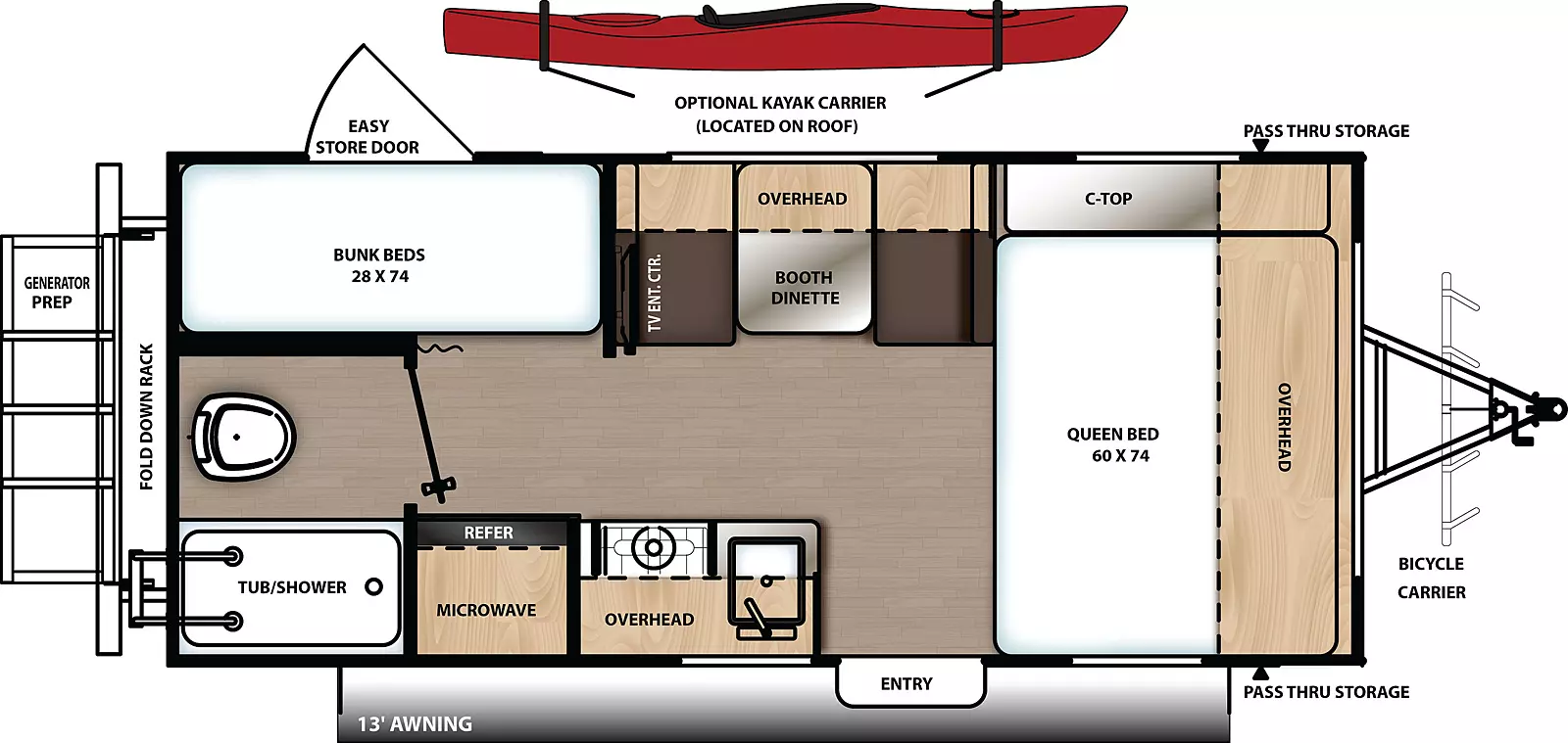 The 192BH has no slide outs and one door on the door side. Interior layout from front to back: side facing queen bed with cabinets overhead, kitchen living dining area with booth dinette on the off- door side. Sink and over on the door side with microwave and cabinets overhead, next to refrigerator. Bathroom located at the rear next to bunk beds on the off- door side. Easy storage door located on the off- door side.