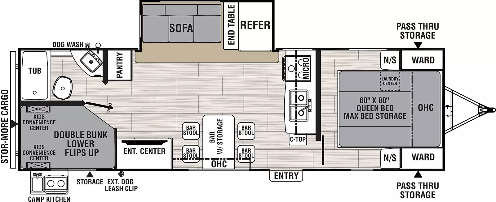 The 2659BH has one slide out on the off-door side and one entry door on the door side. Interior layout from front to back: front bedroom with side-facing queen bed containing max bed storage, overhead cabinet, and wardrobes on either side of the bed; kitchen containing countertop extension, double basin sink, cook top stove, and microwave cabinet; kitchen living dining area with off door side slide out containing refrigerator, end table, and sofa; door side bar with storage and bar stools; door side entertainment center; off door side pantry; off door side bathroom; and door side double bunks with kids convenience centers.