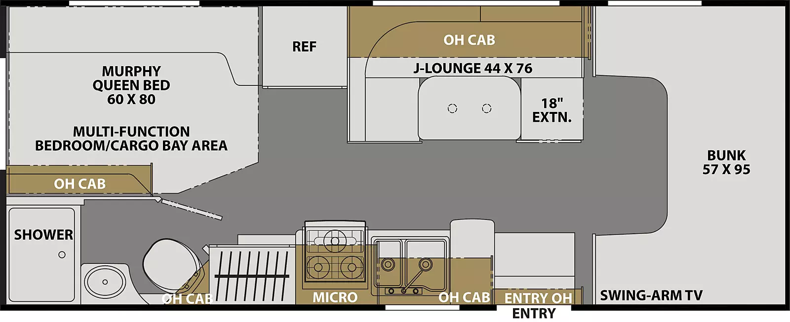 The Freelander 22XG FORD 450  has 0 slideouts. Interior layout from front to back; front 57 inch by 95 inch bunk with swing arm TV; door side kitchen with microwave above stovetop, double basin sink and overhead cabinet; off-door side 44 inch by 76 inch J-Lounge with 18 inch extension and overhead cabinets and refrigerator; rear off-door side 60 inch by 80 inch murphy queen bed in multi-function bedroom/cargo bay area; rear door side bathroom with shower, toilet and sink with overhead cabinets.