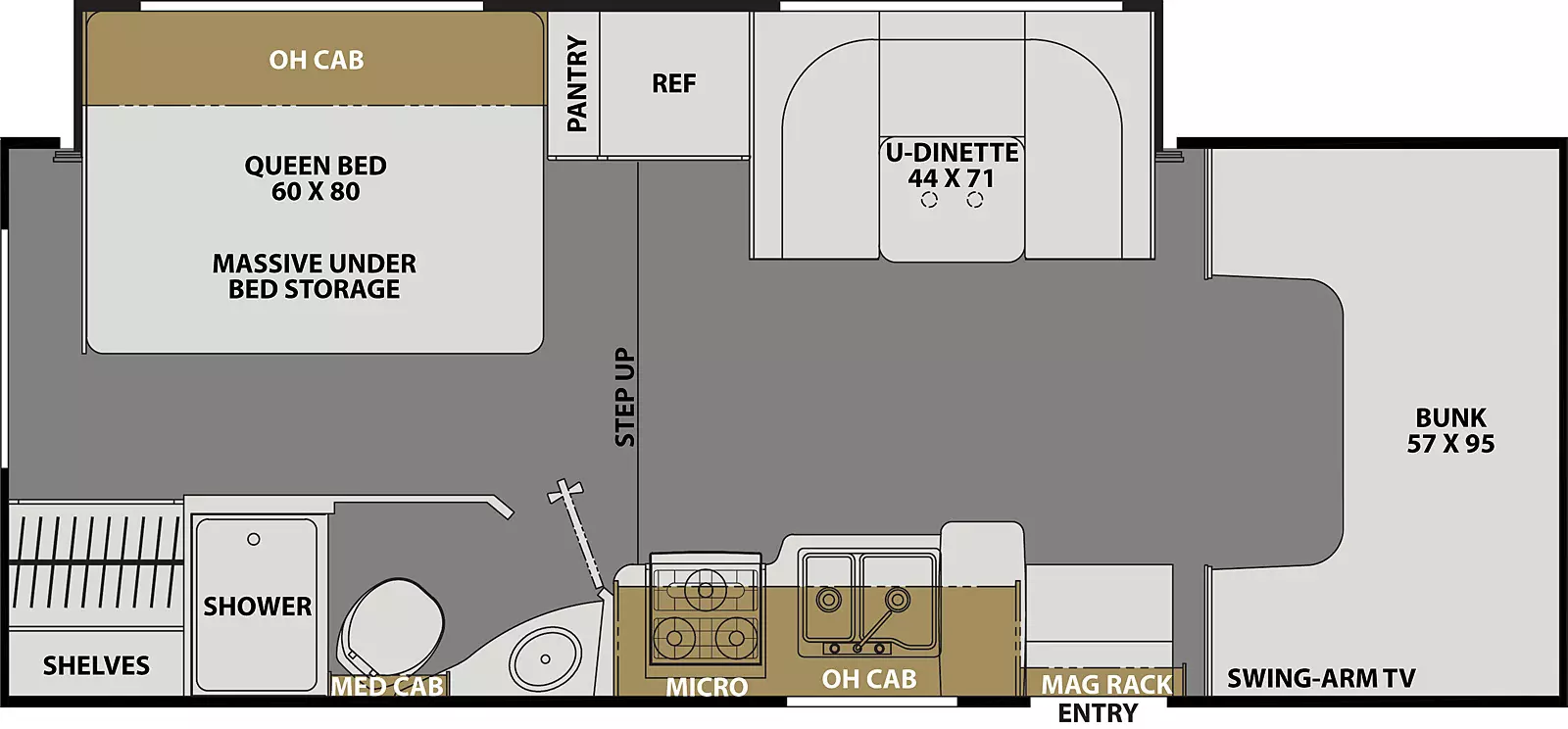 The Freelander 23FS FORD 450 has 1 slideout located on the off-door side and 1 entry door. Interior layout from front to back; front 57 inch by 95 inch bunk with swing arm TV; door side kitchen with microwave above stovetop, double basin sink and overhead cabinets; off-door side 44 inch by 71 inch U-dinette, refrigerator and pantry; Step up into rear bedroom with 60 inch by 80 inch foot facing queen bed with overhead cabinets and massive under bed storage and shelves; door side bathroom with shower, toilet sink and medicine cabinet.