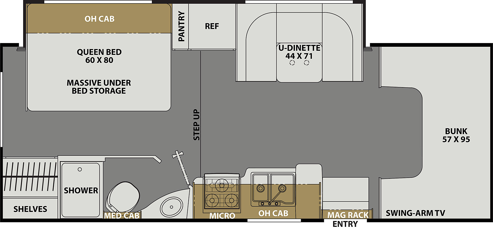 The Freelander 23FS CHEVY 3500 has 1 slideout located on the off-door side and 1 entry door. Interior layout from front to back; front 57 inch by 95 inch bunk with swing arm TV; door side kitchen with microwave above stovetop, double basin sink and overhead cabinets; off-door side 44 inch by 71 inch U-dinette, refrigerator and pantry; Step up into rear bedroom with 60 inch by 80 inch foot facing queen bed with overhead cabinets and massive under bed storage and shelves; door side bathroom with shower, toilet sink and medicine cabinet.