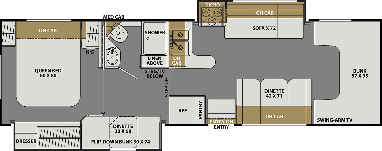 The Freelander 30BH FORD 450  has 2 slideouts, 1 on off-door side and 1 on door side and 1 entry door.  Interior layout from front to back; front 57 inch by 95 inch bunk with swing arm TV; door side 42 inch by 71 inch dinette and overhead cabinets and refrigerator and pantry near entry; off-door side 72 inch sofa with overhead cabinets and wrap around kitchen with microwave above stovetop, double basin sink and overhead cabinets; step up; off-door side bathroom with shower and above linen, toilet with above medicine cabinet and sink; door side 30 inch by 68 inch dinette that turns into a 30 inch by 68 inch flip down bunk;  rear bedroom with 60 inch by 80 inch foot facing queen bed with overhead cabinets and night stand; door side dresser.