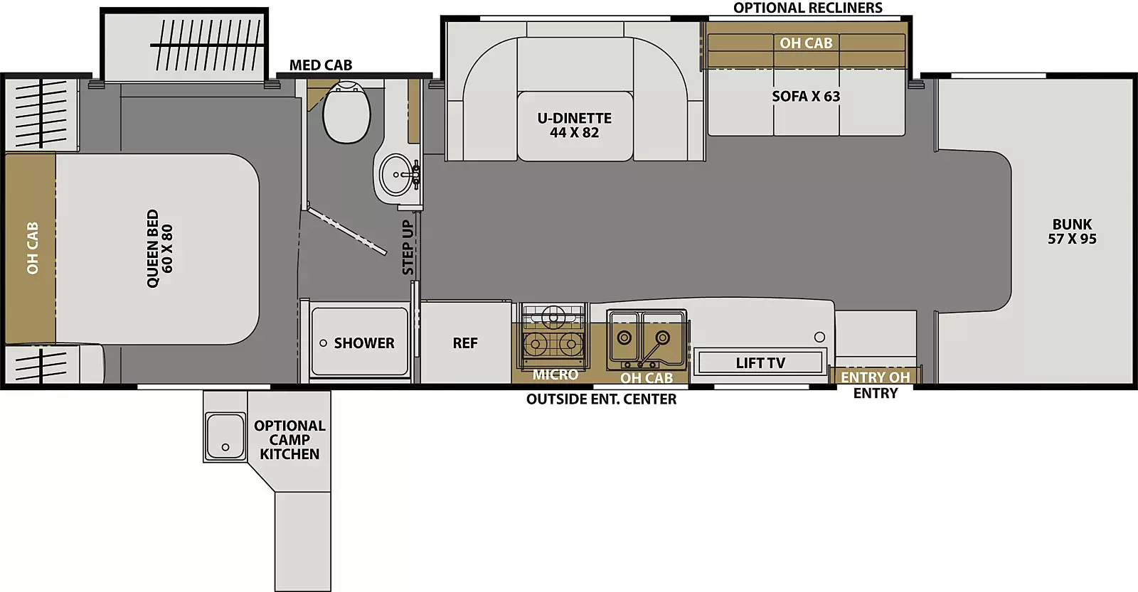 The Freelander 31MB FORD 450  has 2 slideouts, 2 on off-door side and 0 on door side and 1 entry door.  Interior layout from front to back; front 57 inch by 95 inch bunk; door side kitchen with double basin sink with overhead cabinets, cooktop with microwave, refrigerator and lift TV near entry; off-door side 63 inch sofa with overhead cabinets; 44 inch by 82 inch u-dinette; step up; door side separate shower with off-door toilet with above medicine cabinet and sink;  rear bedroom with 60 inch by 80 inch foot facing queen bed with overhead cabinets. Optional recliners and optional camp kitchen. Exterior outside door side entertainment center.