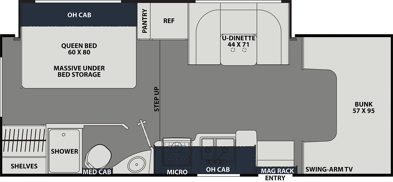 The Leprechaun 230FS CHEVY 3500 has 1 slideout located on the off-door side and 1 entry door. Interior layout from front to back; front 57 inch by 95 inch bunk with swing arm TV; door side kitchen with microwave above stovetop, double basin sink and overhead cabinets; off-door side 44 inch by 71 inch U-dinette, refrigerator and pantry; Step up into rear bedroom with 60 inch by 80 inch foot facing queen bed with overhead cabinets and massive under bed storage and shelves; door side bathroom with shower, toilet sink and medicine cabinet.