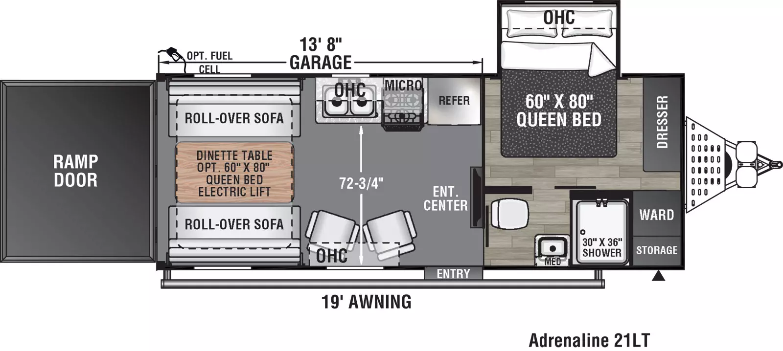 The 21LT has one slide out on the off door side and one entry door on the door side. Interior layout from front to back: front bedroom with a foot facing queen bed in an off-door side slide out, dresser, and wardrobe; bathroom on door side; kitchen living dining area; off-door side kitchen containing double basin sink, overhead cabinet, cook top stove, overhead microwave, and refrigerator; entertainment center; two euro recliner chairs with cabinets overhead on the door side; roll-over sofa on door side and off door side of the unit; dinette table; and rear ramp door.