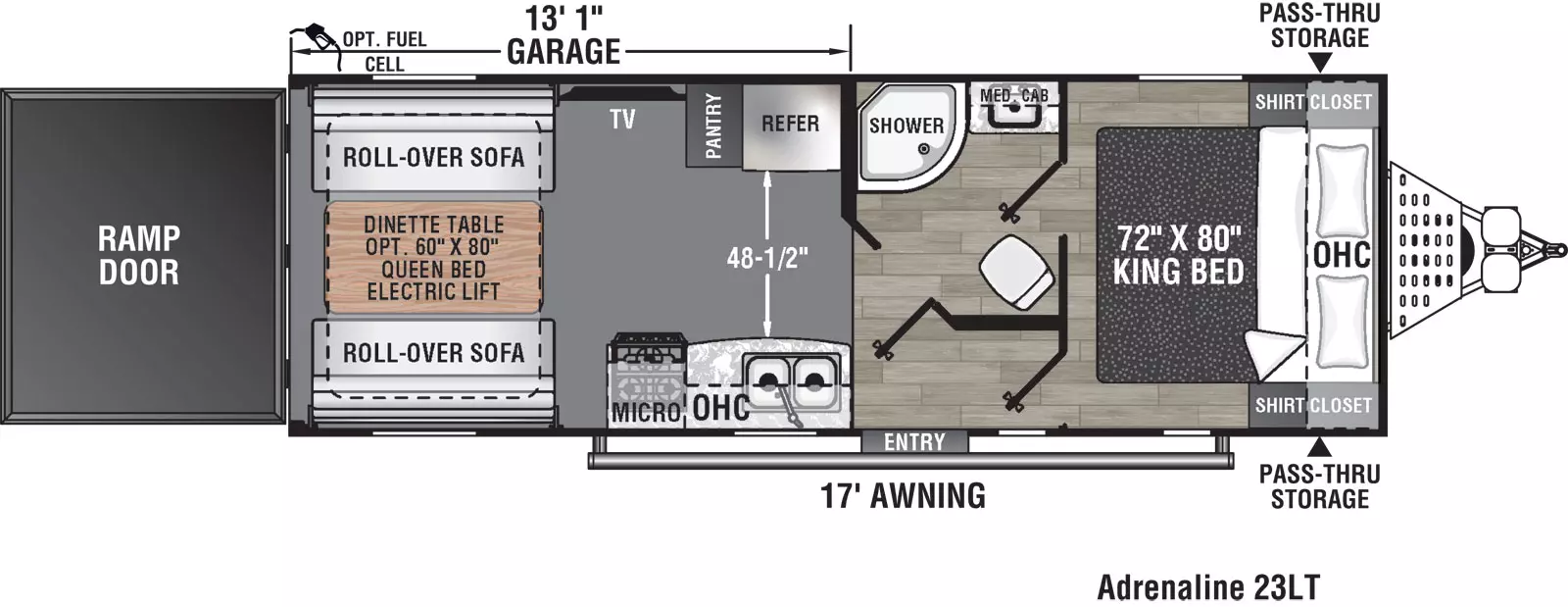 The 23LT has no slide outs and one entry door on the door side. Interior layout from front to back: front bedroom with side- facing king bed and overhead cabinet; walk through bathroom on off door side; kitchen living dining area; door side kitchen containing double basin sink, overhead cabinet, cook top stove, and overhead microwave; off-door side refrigerator and pantry; and television; one roll-over sofa on the door side and one roll-over sofa on the off-door side of the unit; dinette table; and rear ramp door.