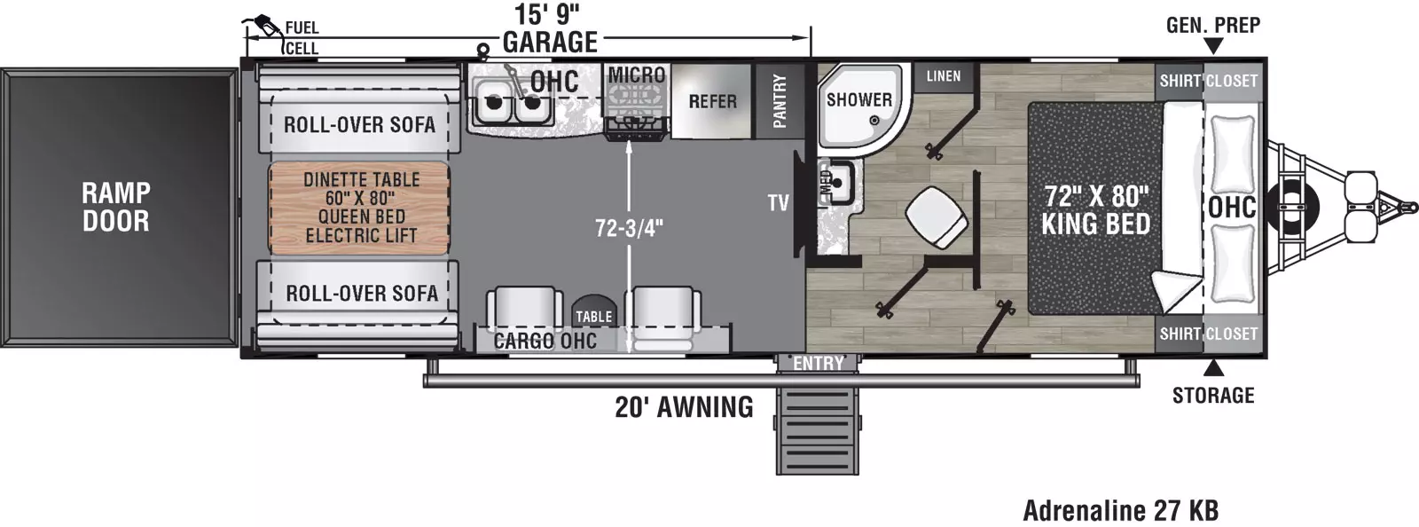 The 27KB has no slide outs and one entry door on the door side. Interior layout from front to back: front bedroom with side-facing king bed and overhead cabinet; walk through bathroom on off door side; kitchen living dining area; off door side kitchen containing pantry, refrigerator, cook top stove, overhead microwave, double basin sink, and overhead cabinet; two euro chairs on the door side with table and overhead cabinet; one roll-over sofa on door side and one roll-over sofa on the off-door side of the unit; dinette table; and rear ramp door.
