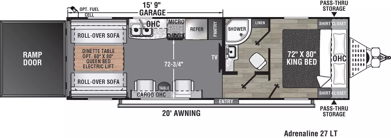 The 27LT has no slide outs and one entry door on the door side. Interior layout from front to back: front bedroom with side-facing king bed and overhead cabinet; walk through bathroom on off door side; kitchen living dining area; off door side kitchen containing pantry, refrigerator, cook top stove, overhead microwave, double basin sink, and overhead cabinet; two euro chairs on the door side with table and overhead cabinet; one roll-over sofa on door side and one roll-over sofa on the off-door side of the unit; dinette table; and rear ramp door.