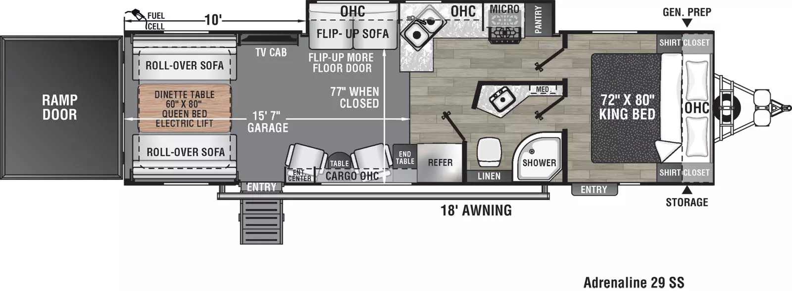 The 29SS has one slide out on the off-door side and two entry doors on the door side. Interior layout from front to back: front bedroom with side-facing king bed and overhead cabinet; walk through bathroom on door side; kitchen living dining area with off-door side slide out containing kitchen and flip-up sofa with overhead cabinet; kitchen containing pantry, cook top stove, overhead microwave, double basin sink, and overhead cabinet; two euro chairs on door side with table and overhead cabinet; television cabinet on off door side; one roll-over sofa on door side and one roll-over sofa on the off door side of the unit; dinette table; and rear ramp door.