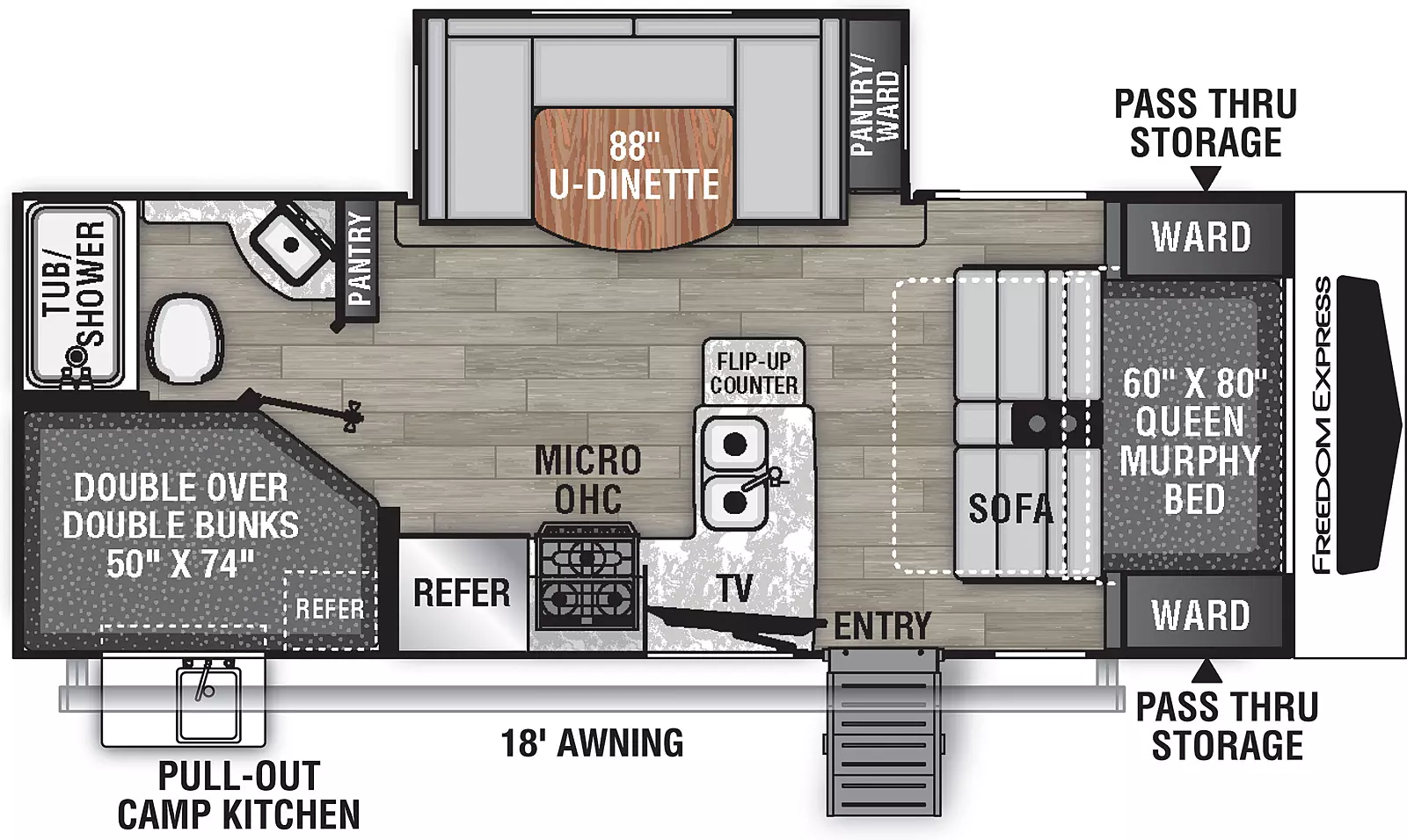 The 238BHS has one slide out on the off-door side and one entry door on the door side. Interior layout from front to back: front bedroom side facing queen bed with murphy bed option and wardrobes on either side of the bed; sofa; off-door side slide out containing u-shaped dinette and pantry; door side kitchen containing flip-up counter, double basin sink, swivel television, microwave cabinet, cook top stove, and refrigerator; off door side pantry; off door side bathroom; and door side double over double bunk beds.