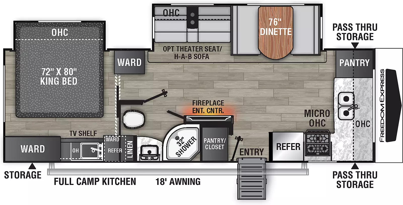 The 259FKBS has two slide outs on the off-door side and one entry door on the door side. Interior layout from front to back: front kitchen containing storage, double basin sink, overhead cabinet, cook top stove, and refrigerator; kitchen living dining area off-door side slide out containing dinette and sofa with overhead cabinet, door side pantry; door side bathroom; rear bedroom with off-door side slide out containing side facing king bed with overhead cabinet, wardrobe, and television shelf. Exterior camp kitchen with cook top, sink and mini refrigerator.