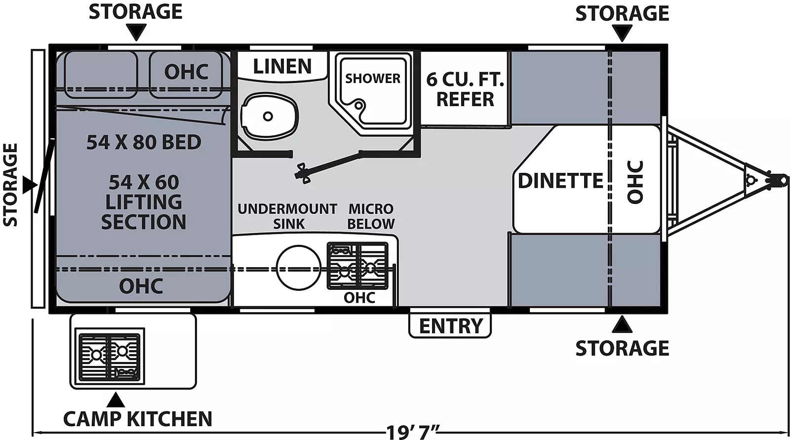 The 16R has no slide outs and one entry door on the door side. Interior layout from front to back: front dinette with overhead cabinets, off-door side refrigerator next to the side aisle off-door side bathroom. Door side stove top, microwave and sink. Rear 54X80 side facing bed with cabinets overhead. Camp kitchen located on the rear door side.