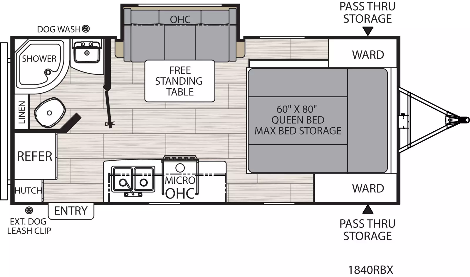 The 1840RBX has one slide out on the off-door side and one entry door on the door side. Interior layout from front to back: front bedroom with foot facing queen bed containing max bed storage and side storage and wardrobes on either side of bed; door side television; kitchen living dining area with off-door side slide out containing sofa, free standing table; door side kitchen containing overhead cabinet, microwave overhead, cook top stove, and double basin sink; off-door side rear bathroom; and door side refrigerator and hutch.