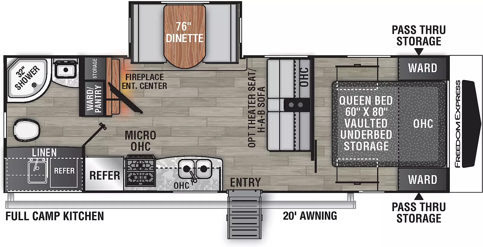 The 252RBS has one slide out on the off-door side and one entry door on the door side. Interior layout from front to back: front bedroom containing foot facing  queen bed with vaulted under-bed storage, overhead cabinet, and wardrobes on either side of bed; sofa with overhead cabinet; kitchen living dining area off-door side slide out containing booth dinette; door side kitchen containing double basin sink, overhead cabinet, cook top stove, microwave, and refrigerator; off- door side pantry; off-door side entertainment center with fireplace; off-door side bathroom; and door side linen storage. Exterior camp kitchen with sink, mini refrigerator and cook top. 