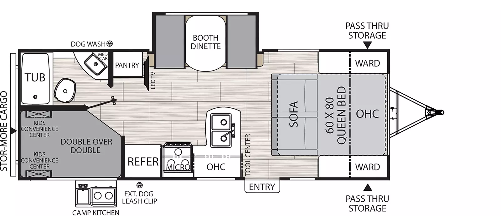 The 2146BHX has one slide out on the off-door side and one entry door on the door side. Interior layout from front to back: front bedroom with foot facing queen murphy bed, wardrobes on either side of the bed, and overhead cabinet; sofa; kitchen living dining area with off-door side slide out containing booth dinette; door side kitchen containing double basin sink, overhead cabinet, cook top stove, microwave overhead, and refrigerator; off- door side pantry and television; off-door side bathroom; and door side double over double bunk beds with kids convenience centers.