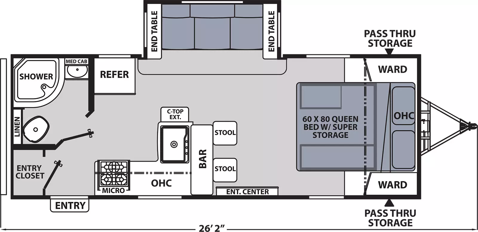 The 211RBS has one slide out on the off-door side and one entry door on the door side. Interior layout from front to back: front bedroom with foot facing queen bed, super storage under bed, overhead cabinet, and wardrobes on either side of the bed; kitchen living dining area with off-door side slide out containing sofa with end tables on either side; entertainment center on door side; door side kitchen containing two bar stools, countertop extension, sink, overhead cabinet, cook top stove, and microwave overhead; refrigerator on off-door side; rear off-door side bathroom; and rear door side entry closet.