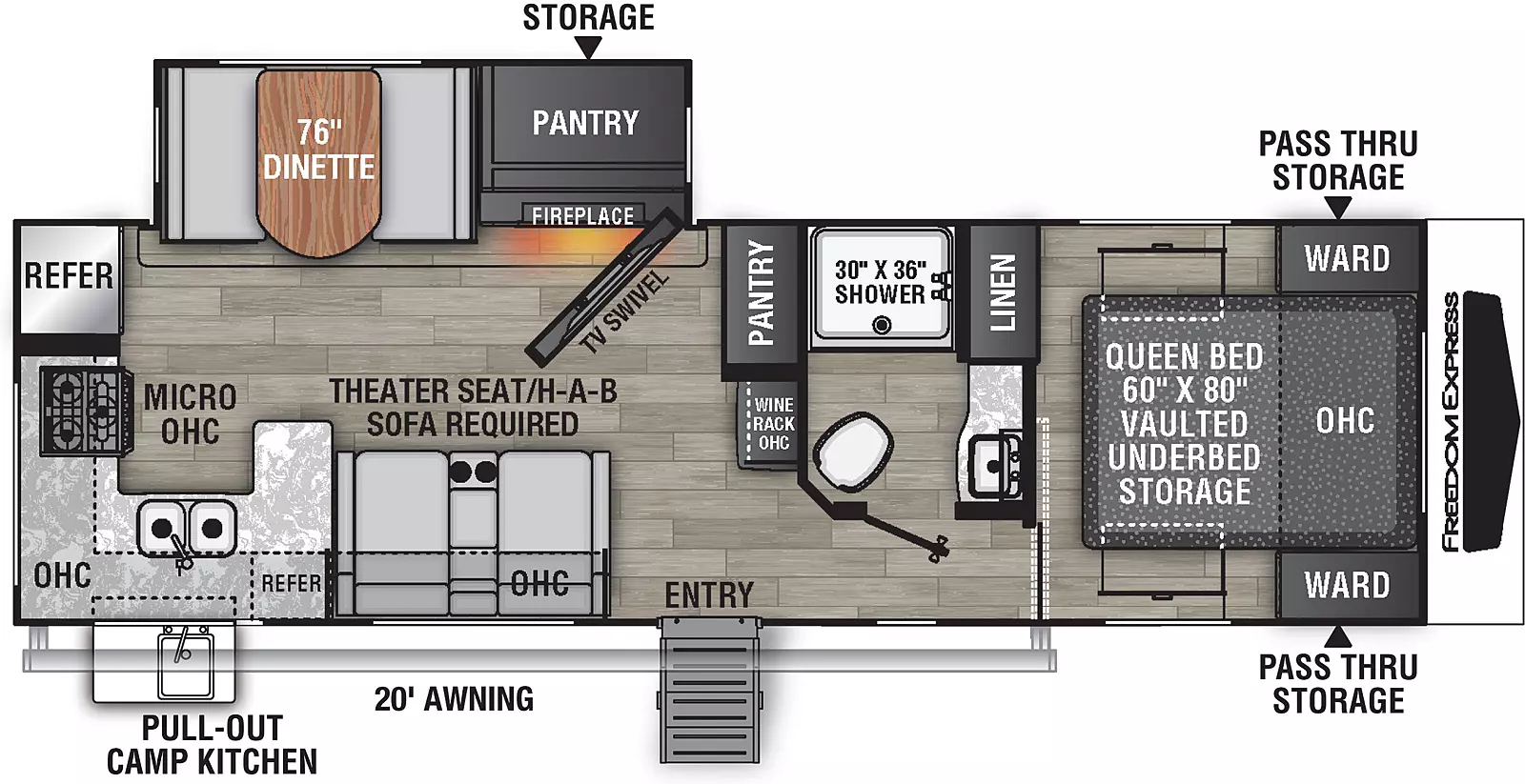 The 274RKS has one slide out on the off-door side and one entry door on the door side. Interior layout from front to back: front bedroom containing foot facing queen bed with vaulted under-bed storage, overhead cabinet, and wardrobes on either side of bed; off-door side bathroom; off-door side pantry; kitchen living dining area off-door side slide out containing entertainment center with swivel television and fireplace next to dinette; door side theater seats with overhead cabinet; and rear kitchen containing double basin sink, overhead cabinet, cook top stove, and refrigerator. Exterior camp kitchen with sink.