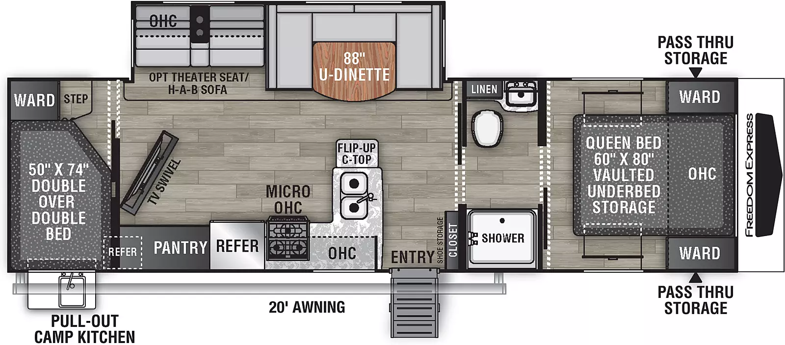 The 294BHDS has one slide out on the off-door side and one entry door on the door side. Interior layout from front to back: front bedroom containing foot facing queen bed with vaulted under-bed storage, overhead cabinet, and wardrobes on either side of bed; walk through bathroom; kitchen living dining area with off-door side slide out containing u-shaped dinette and sofa with overhead cabinet; door side kitchen containing flip-up countertop, double basin sink, overhead cabinet, cook top stove, microwave cabinet, refrigerator, and pantry; swivel television; and rear double bed over double bed bunks with wardrobe. Exterior camp kitchen with sink and griddle. 