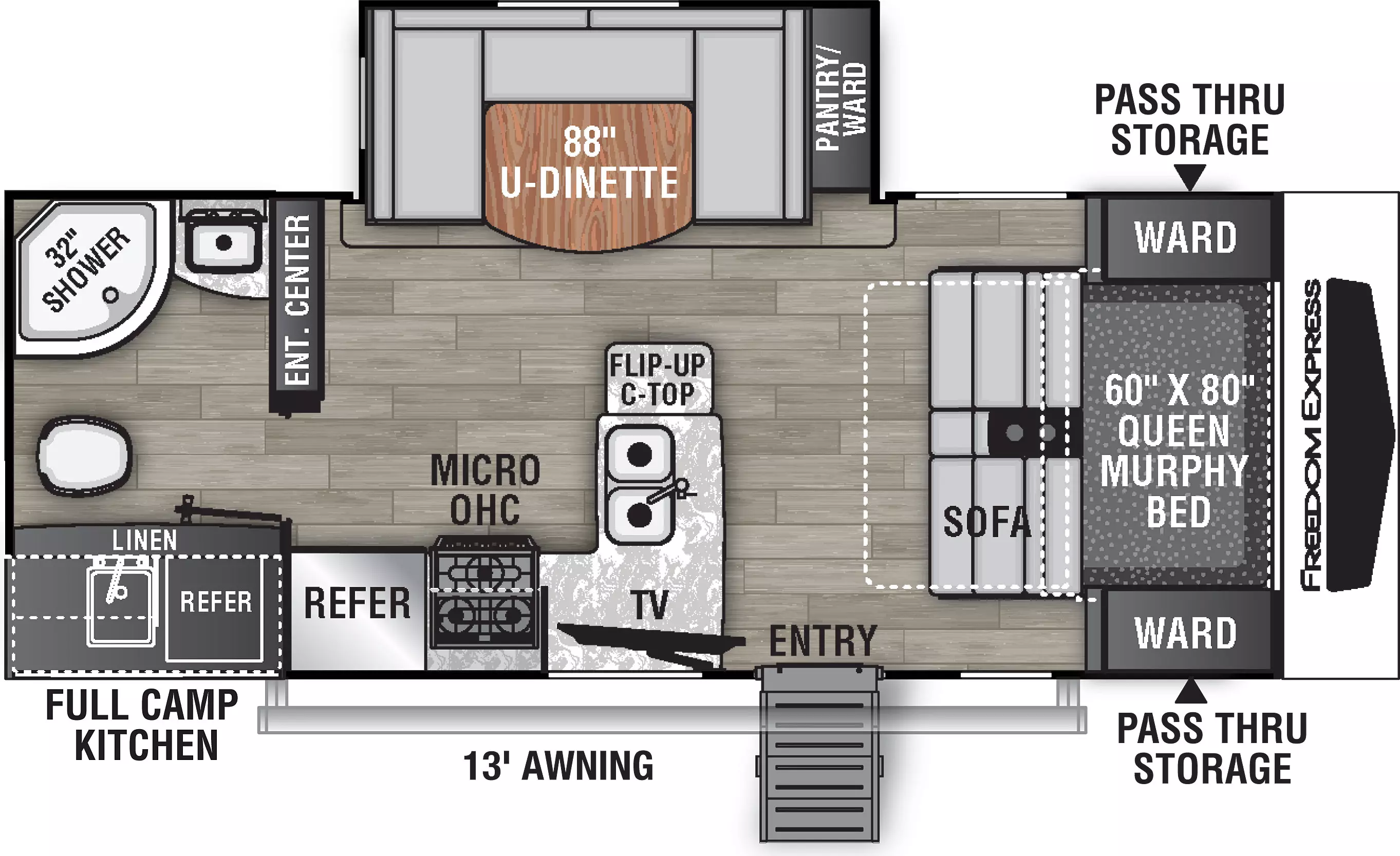 The 226RBS has one slide out on the off-door side and one entry door on the door side. Interior layout from front to back: front queen murphy bed sofa with wardrobes on either side; off-door side slide out containing u-shaped dinette and pantry; door side kitchen containing flip-up counter, double basin sink, swivel television, microwave cabinet, cook top stove, and refrigerator; Entertainment Center; rear Bathroom with linen cabinet. Exterior features a rear full camp kitchen, 13 foot awning and front pass through storage.