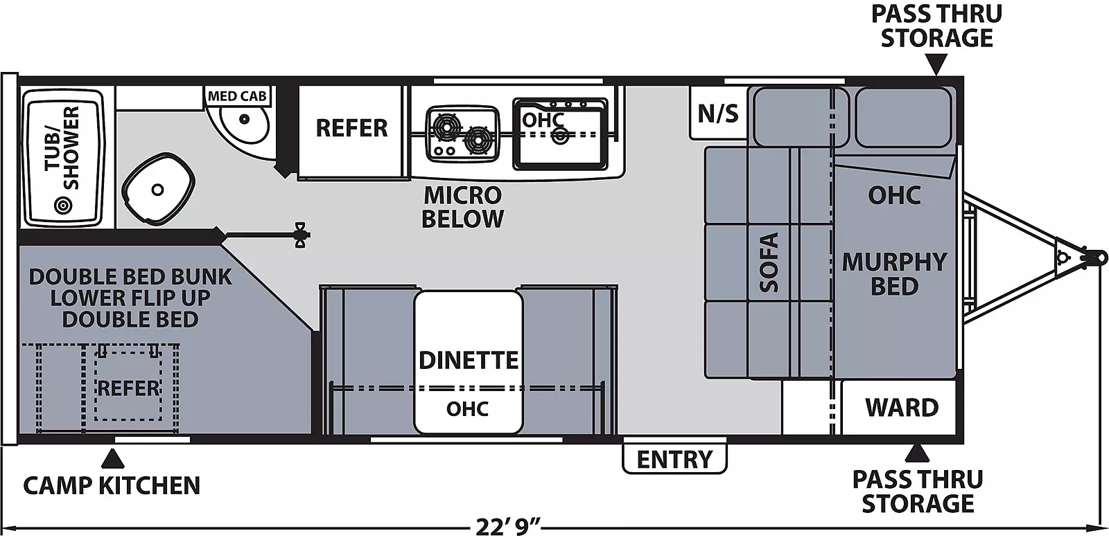 The 186BH has zero slide outs and one entry door on the door side. Interior layout from front to back: front murphy bed and sofa with wardrobe, overhead storage and night stand; off-door side kitchen containing sink, cook top stove, overhead cabinet, microwave below, and refrigerator; door side booth dinette with overhead cabinets; rear bathroom with tub/shower, toilet and medicine cabinet on off-door side; Double bed bunk with lower flip up double bed located on the door side; exterior rear camp kitchen with refrigerator.