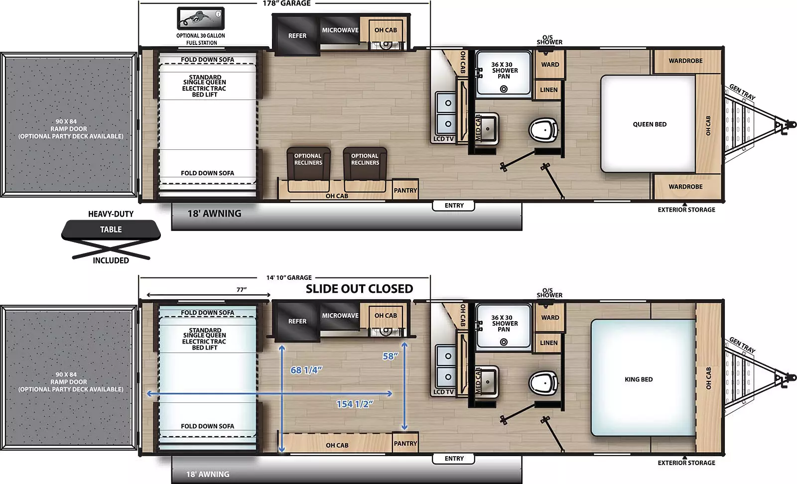 The 28THS has one slide out and one entry door. Exterior features include an 18 foot awning, heavy-duty table, front exterior storage, generator tray ,outside shower, and rear ramp door. Interior layout front to back: foot facing queen bed bed with overhead cabinet and wardrobes on each side and off-door side wardrobe; off-door side full bathroom with linen closet and medicine cabinet; sink, TV and overhead cabinet along inner wall; entry door; off-door side slide out with cook top stove, overhead cabinet, microwave, and refrigerator; door side pantry, and overhead cabinet; rear opposing fold-down sofas and single queen electric trac bed lift. Optional 30 gallon fuel station available. Optional recliners available. Optional party deck available on ramp door. Garage Dimensions: 154.5 inches from rear to pantry; 178 inches from rear to kitchen sink counter; 58 inches from off-door side kitchen counter to door side pantry; 68.25 inches from refrigerator to door side wall.