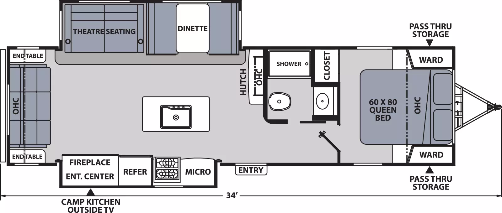The 293RLDS has two slide outs, one on the off-door side and one on the door side, and one entry door on the door side. Interior layout from front to back: front bedroom with foot facing queen bed, overhead cabinet, wardrobes on either side of the bed, and closet on off-door side; off door side side aisle bathroom; hutch with overhead cabinet on off-door side. off-door side slide out containing dinette and theater seating; kitchen island with sink; door side slide out with kitchen containing microwave, cook top stove, refrigerator and entertainment center with fireplace; and sofa at the rear with overhead cabinet and two end tables; exterior camp kitchen w/ outside TV towards the rear.