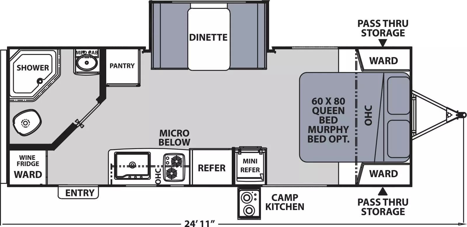 The 201RBS has one slideout and one entry. Exterior features a front pass thru storage, camp kitchen, and 24 foot 11 inch length. Interior layout from front to back: queen bed with overhead cabinet and wardrobes on each side (murphy bed optional); off-door side dinette slideout and pantry; door side mini refrigerator, refrigerator, cooktop with microwave below, overhead cabinet and sink;  rear door side entry, wine refrigerator, and wardrobe; rear off-door side full bathroom with medicine cabinet.