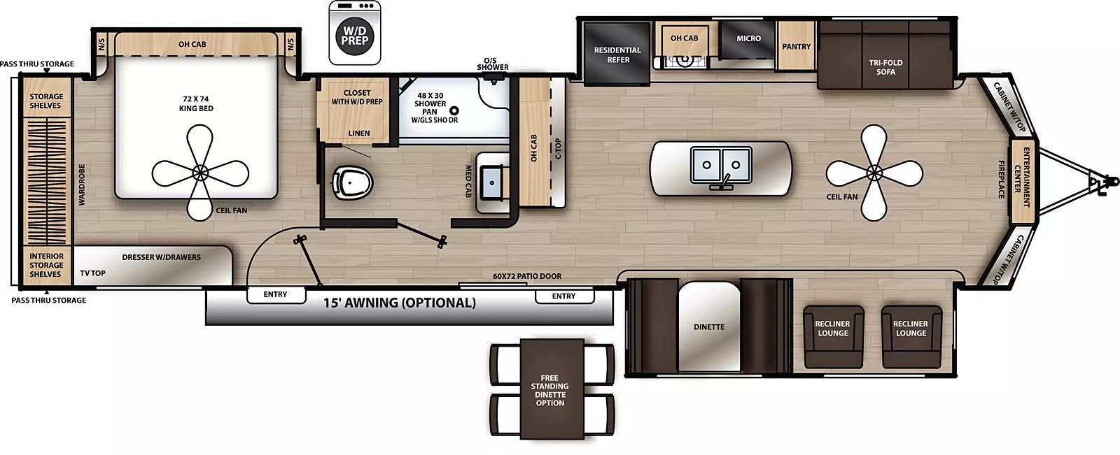 The 39MKTS has three slide outs and two entry doors. Exterior features an optional 15 foot awning. Interior layout front to back: entertainment center, with fireplace below and cabinet with top on either side; off door side slide out with tri-fold sofa, pantry, microwave, cook top stove, overhead cabinet, and residential refrigerator; kitchen island with sink and paddle fan; door side slide out with recliner lounges and dinette; countertop with overhead cabinet along inner wall; patio door entry; off door side full bathroom with medicine cabinet and linen closet; rear bedroom with off door side king bed slide out with overhead cabinet and night stands on each side, closet with washer/dryer prep, dresser with drawers and TV top on door side, rear wardrobe with storage shelves, and second entry door. Optional free standing dinette available in place of standard dinette.