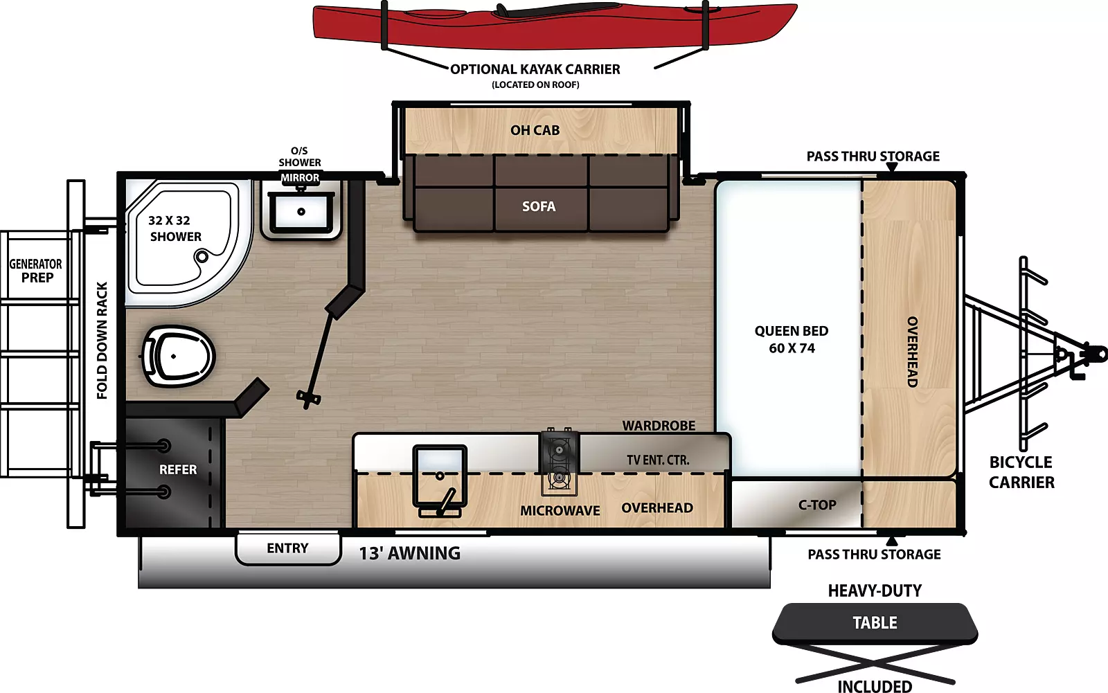 The192FQS has one slide out and one entry door. Exterior features a 13 foot awning, front bicycle carrier, rear fold down rack, heavy-duty table, front pass-thru storage, outside shower, and generator prep. Interior layout front to back: side facing queen bed with overhead cabinet and countertop; door side entertainment center, wardrobe, overhead cabinet, microwave, cook top stove and sink; off-door side slide out with sofa and overhead cabinet; rear off-door side full bathroom; and rear door side refrigerator and entry door. Optional roof top kayak carrier.