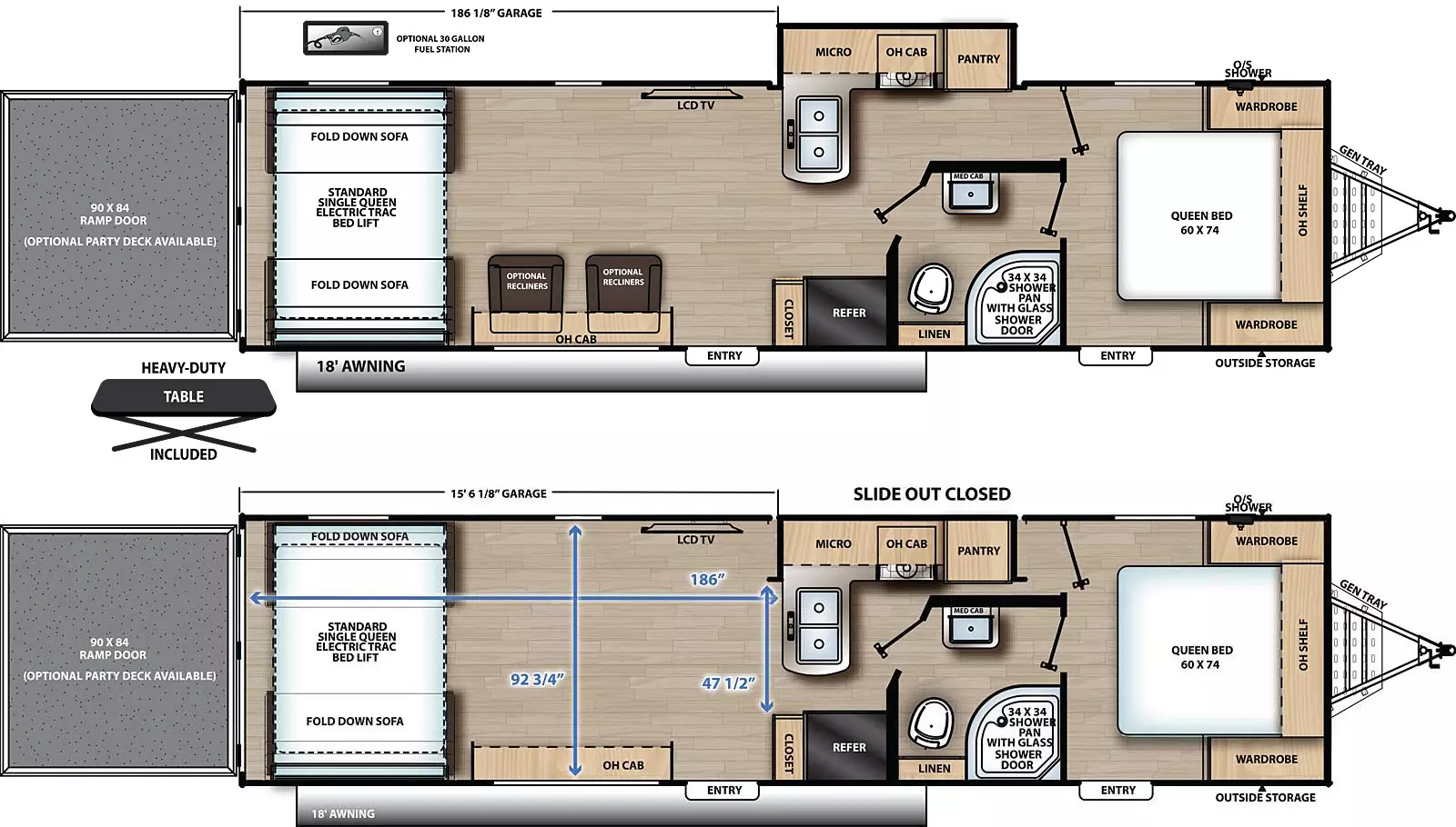 The 30THS has one slide out and two entry doors. Exterior features include an 18 foot awning, heavy-duty table, front outside storage, generator tray, outside shower, and rear ramp door. Interior layout front to back: foot facing queen bed with overhead cabinet, wardrobes on either side, and entry door; door side pass through full bathroom with linen closet and medicine cabinet; off-door side slide out with pantry, cook top stove, overhead cabinet, microwave cabinet, and peninsula kitchen counter with sink; door side refrigerator, closet and second entry; off-door side television; door side overhead cabinet; rear opposing fold-down sofas and single queen electric trac bed lift. Optional 30 gallon fuel station available. Optional recliners available. Optional party deck available on rear ramp door. Garage Dimensions:186 inches from rear ramp to slideout; 92.75 inches from off-door side to door side; 47.5 inches from slideout to closet.