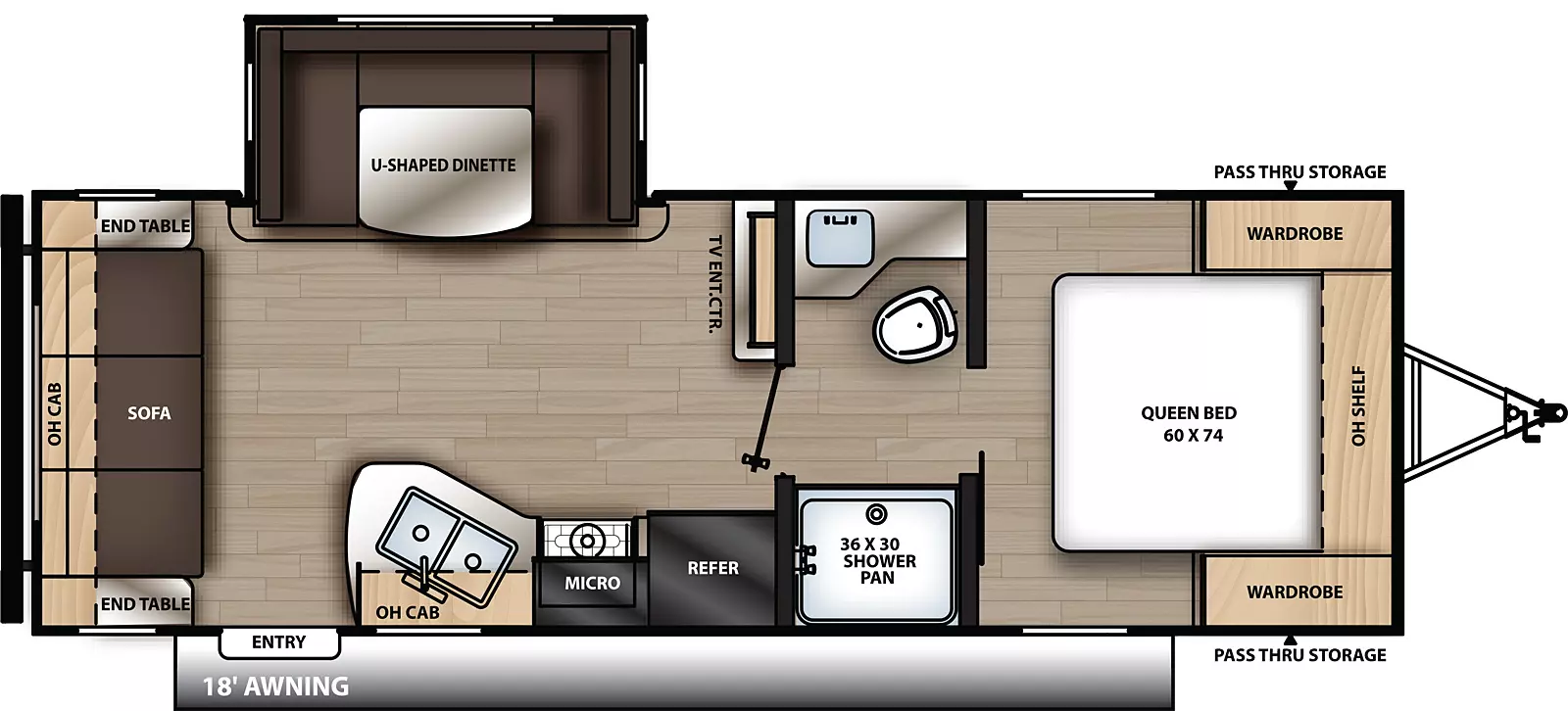The 231MKS has one slide out and one entry door. Exterior features an 18 foot awning, and front pass-thru storage. Interior layout front to back: foot facing queen bed with overhead shelf and wardrobes on each side; pass-through full bathroom; entertainment center along inner wall; off-door side u-dinette slide out; door side refrigerator, microwave, stove, sink,overhead cabinet and entry door; rear sofa with end tables on either side and cabinets overhead.
