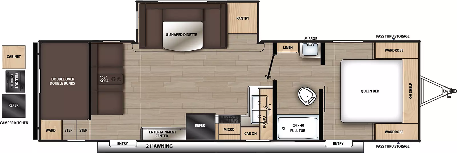 The 271DBS has one slideout and two entry doors. Exterior features a 21 foot awning, front pass thru storage, and rear camper kitchen with cabinet, pullout griddle and refrigerator. Interior layout front to back: foot facing queen bed with overhead shelf, wardrobes on each side, and entry door; pass through full bathroom with linen closet; off-door side slideout with pantry and u-dinette; kitchen counter along inner wall that wraps to door side with sink, overhead cabinet, microwave, cooktop, refrigerator, entertainment center and entry door; rear double over double bunks with wardrobe, and sofa in front of it.
