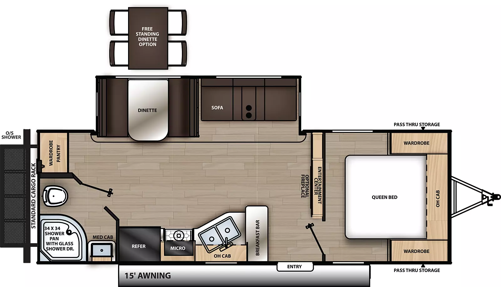 The 243RBS has one slide out and one entry. Exterior features a 15 foot awning, front pass-thru storage, outside shower, and rear cargo rack. Interior layout front to back: foot facing queen bed with overhead cabinet, and wardrobes on each side; entertainment center along inner wall; off-door side slide out with sofa and dinette; door side entry, breakfast bar, kitchen counter with sink, overhead cabinet, microwave, cooktop and refrigerator; door side full bathroom with medicine cabinet; off-door side rear pantry/wardrobe. Optional free standing dinette available in place of standard dinette. Optional fireplace available below entertainment center.