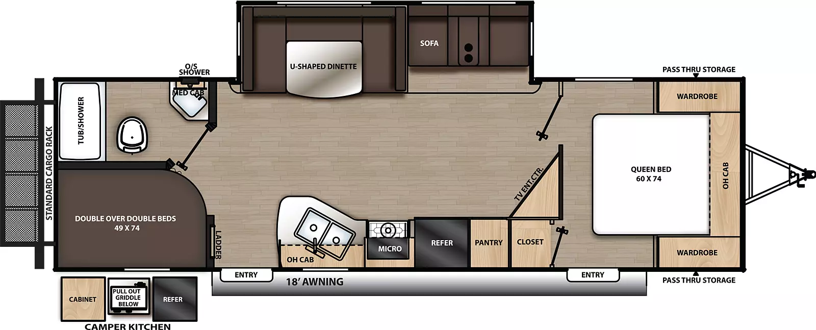 The 263BHSCK has one slide out and two entries. Exterior features an 18 foot awning, front pass-thru storage, outside shower, rear cargo rack, and camp kitchen with cabinet, pull-out griddle and refrigerator. Interior layout front to back: foot facing queen bed, overhead cabinet, wardrobes on each side, closet, and entry door; angled entertainment center; off-door side slide out with sofa and u-shaped dinette; door side pantry, refrigerator, cook top stove, microwave, sink, overhead cabinet, and second entry; rear off-door side full bathroom with medicine cabinet; rear door side double over double bunks.