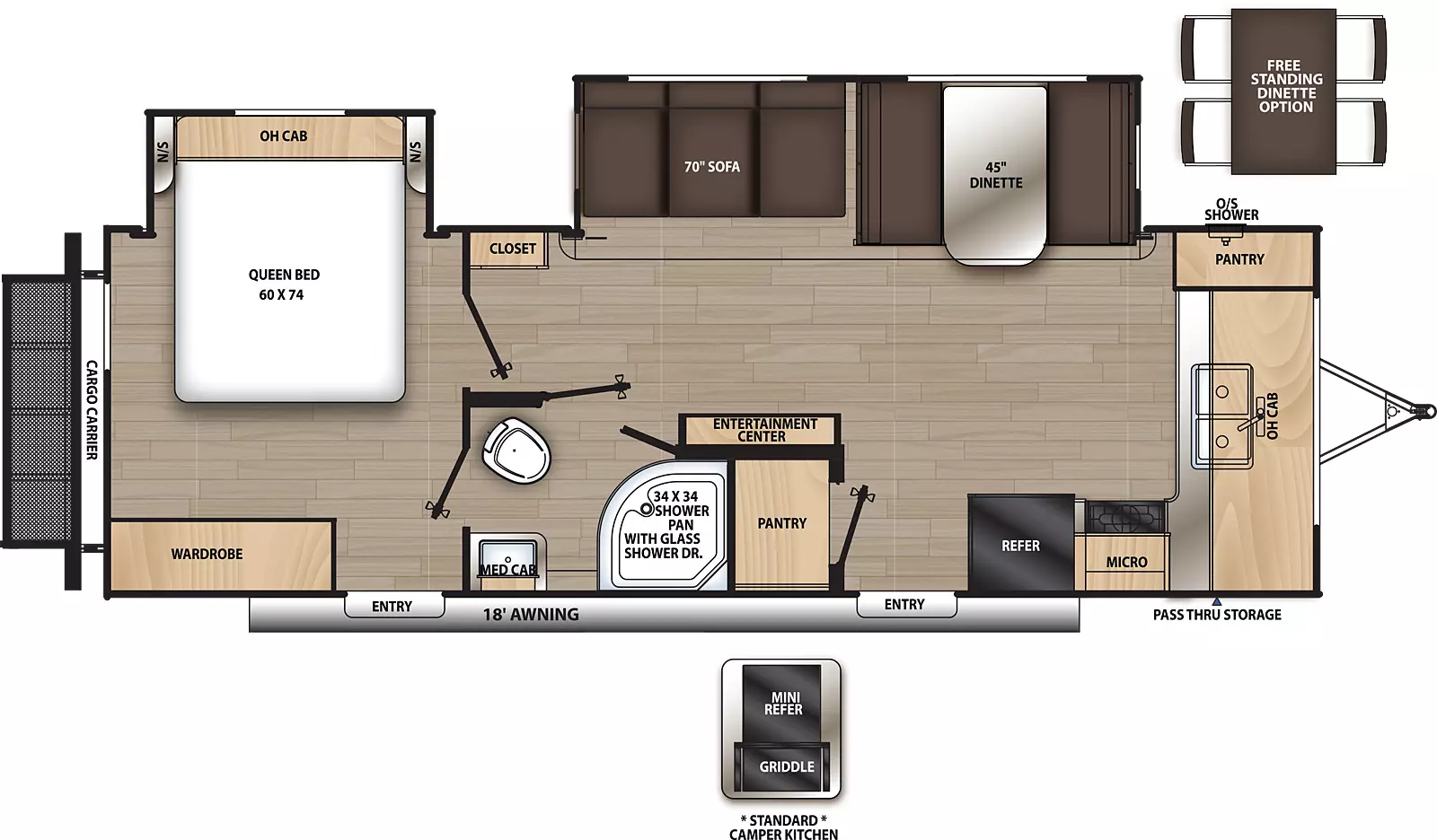 The 263FKDS has two slide outs and two entry doors. Exterior features outside shower, rear cargo carrier, front pass-through storage, standard camper kitchen with griddle and mini refrigerator, and an 18 foot awning. Interior layout front to back: front kitchen with pantry, sink, overhead cabinets, counter that wraps to door side with microwave, cooktop, and refrigerator; off-door side slideout with dinette and sofa; door-side entry, pantry and entertainment center; door side pass-through full bathroom with medicine cabinet; off-door side closet; rear bedroom with off-door side queen bed slideout with night stands on either side and overhead cabinets, door side wardrobe and second entry. Optional free-standing dinette available in place of standard dinette.